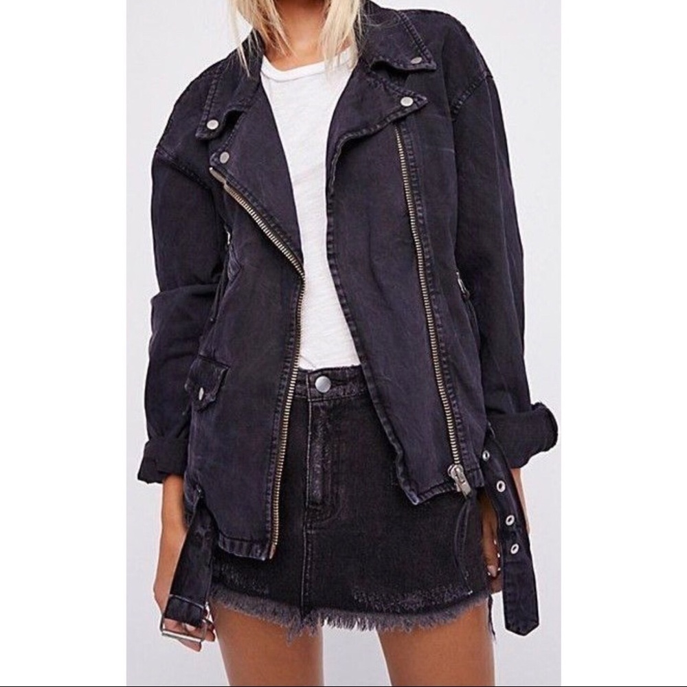 Free people lace up denim moto jacket